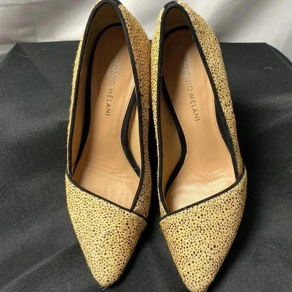 ANTONIO MELANI WO SIZE 7 TAN FUR BLACK DOTTED ANIMAL PRINT LEATHER UPPER - Picture 2 of 14